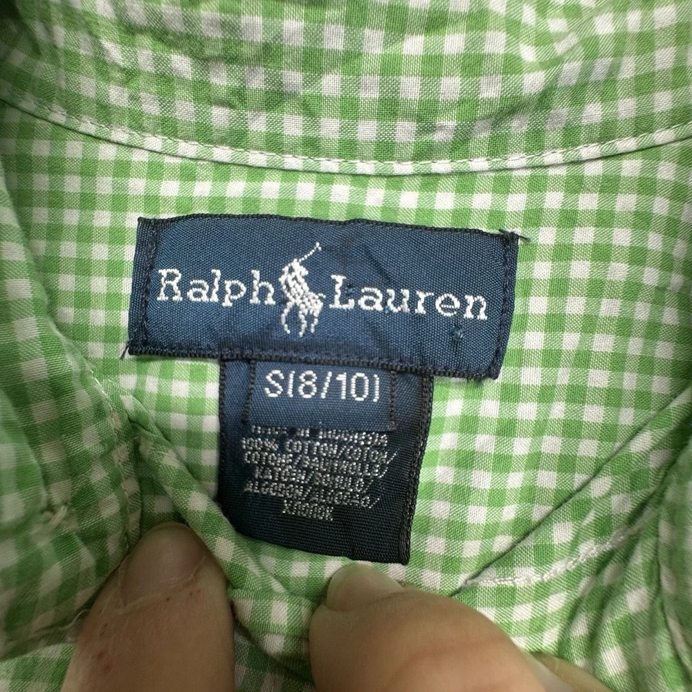 Ralph Lauren Button Shirt Boys S 8 Green Gingham Pony‎ Short Sleeve Preppy